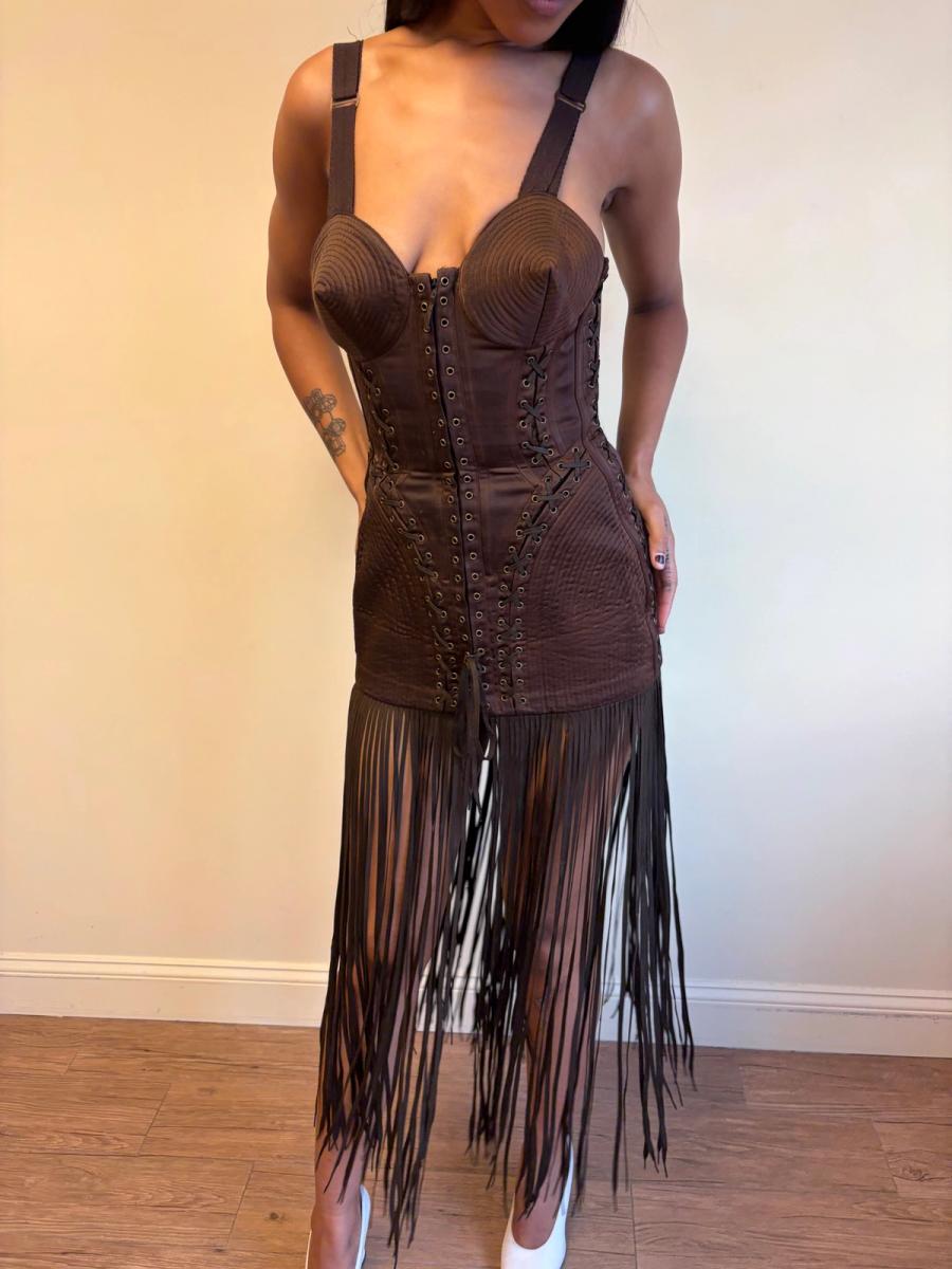 1990 Gaultier Satin Cone Bra Girdle Dres with Lacing Fringe Hem product image