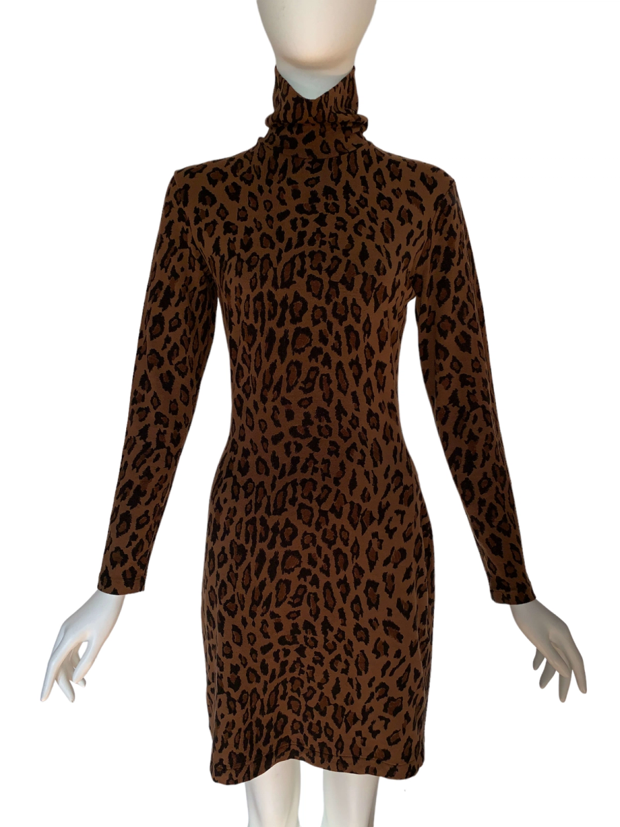 90s Norma Kamali Leopard Turtleneck Dress