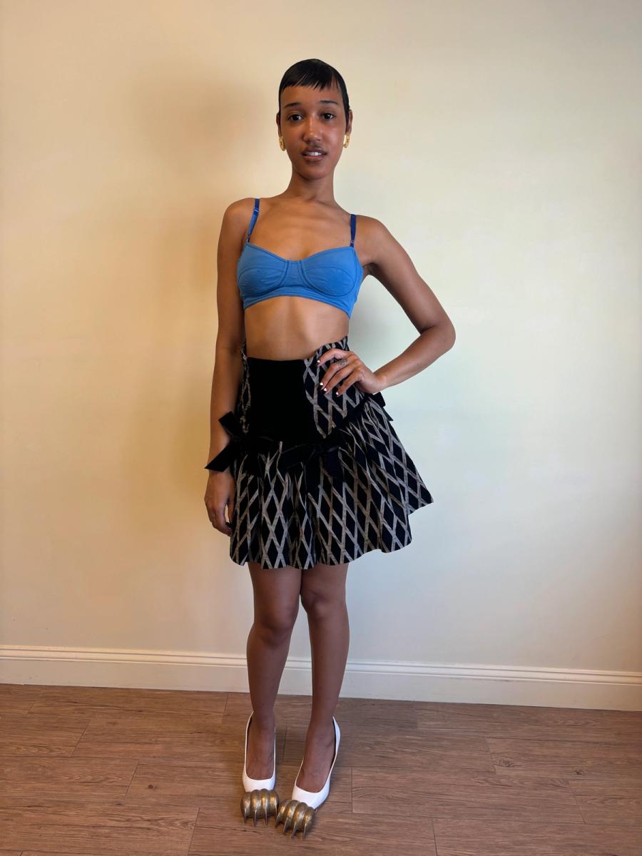 80s Chantal Thomass Hi-Waisted Diamond Flocked Bow Skirt product image