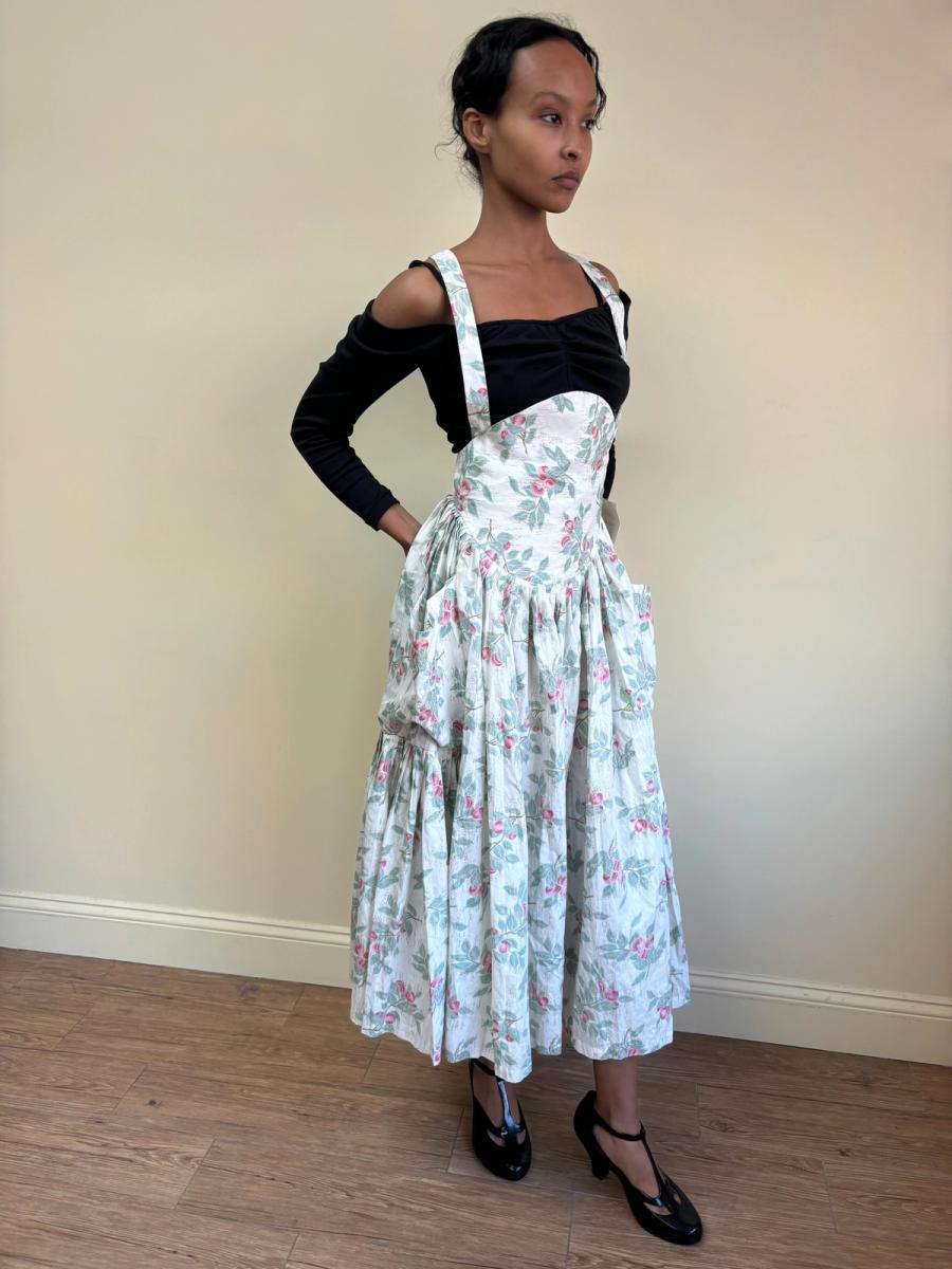 80s Norma Kamali Floral Suspender Skirt