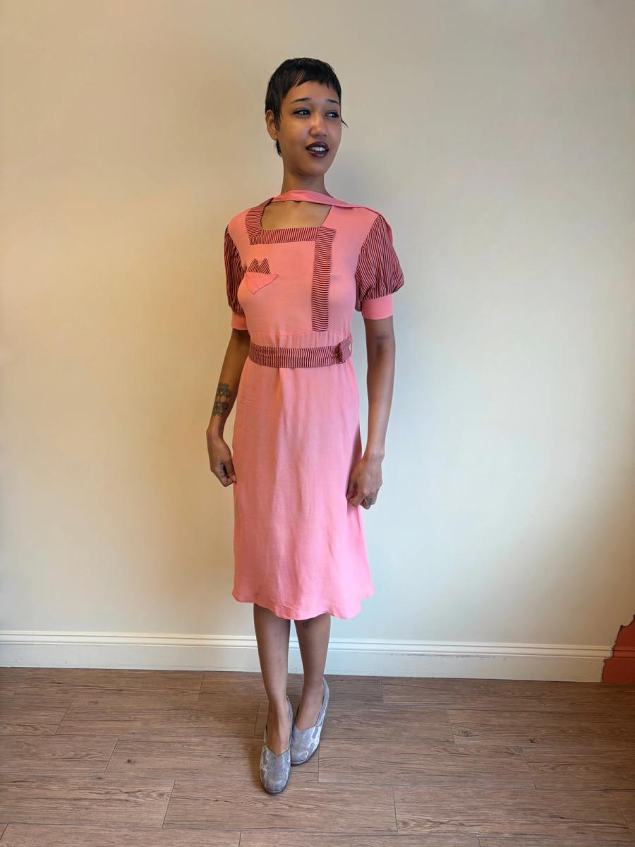 1930s Salmon Pink Day Dress with Scarf Neckline  product image