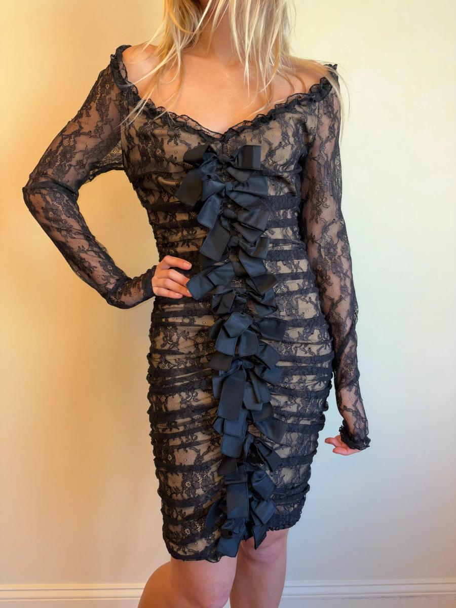 1980s Angelo Tarlazzi Lace Bow Nude Illusion Dress product image