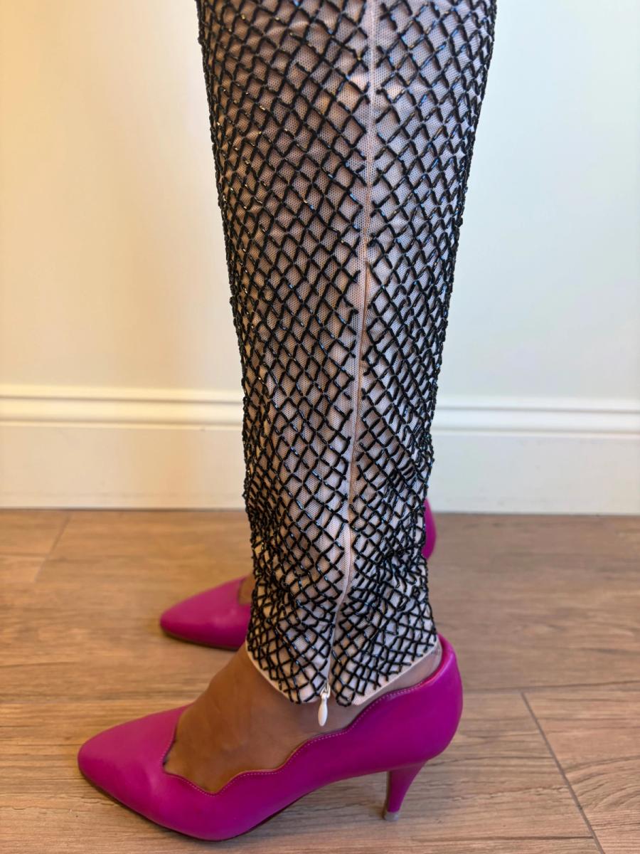 Vintage Marjan Pejoski Beaded Trompe L'oeil "Torn" Fishnet Leggings product image