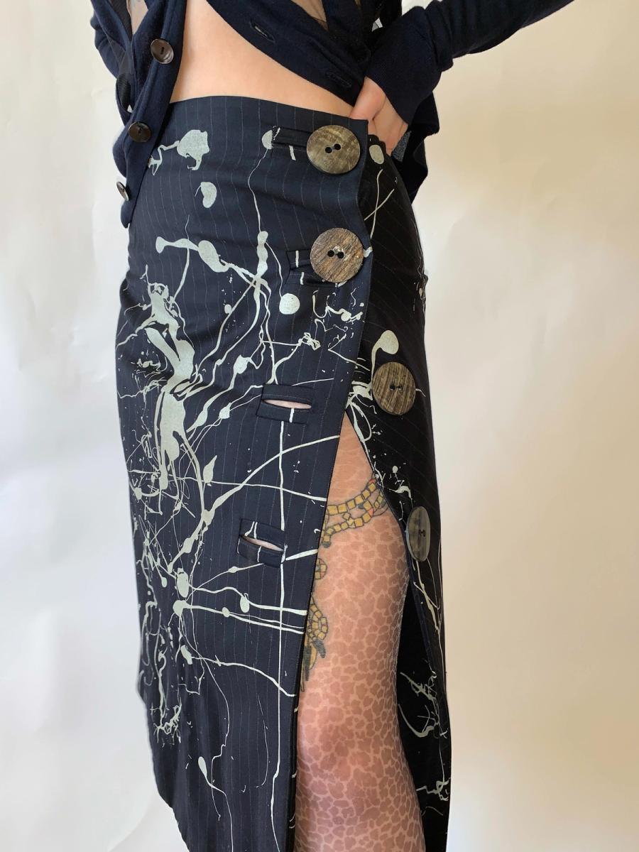 Vintage John Galliano Splatter Pinstripe Skirt w Giant Buttons product image