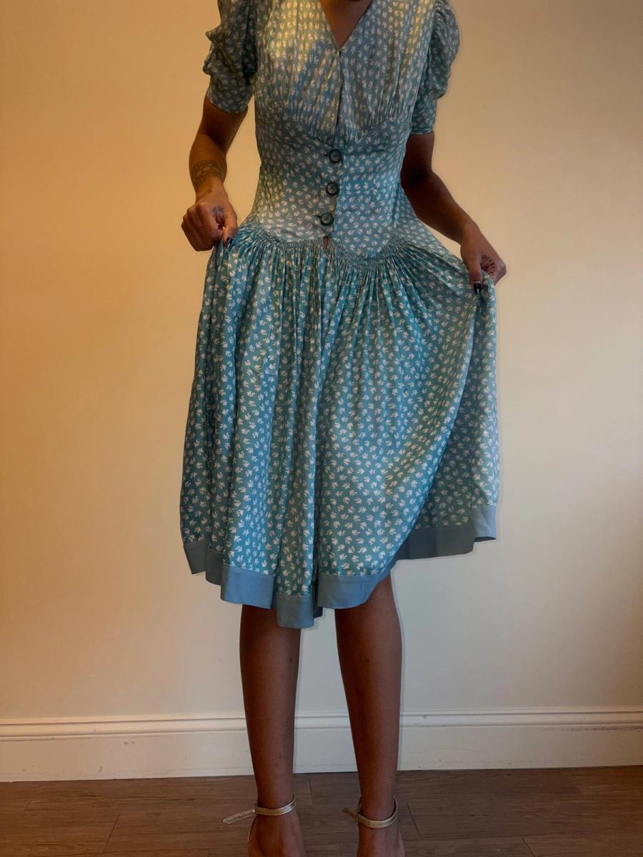 1940s Turquoise Floral Cold Rayon Dress product image