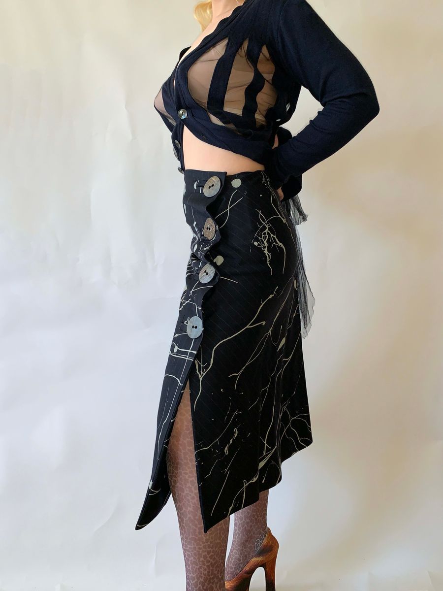 Vintage John Galliano Splatter Pinstripe Skirt w Giant Buttons product image