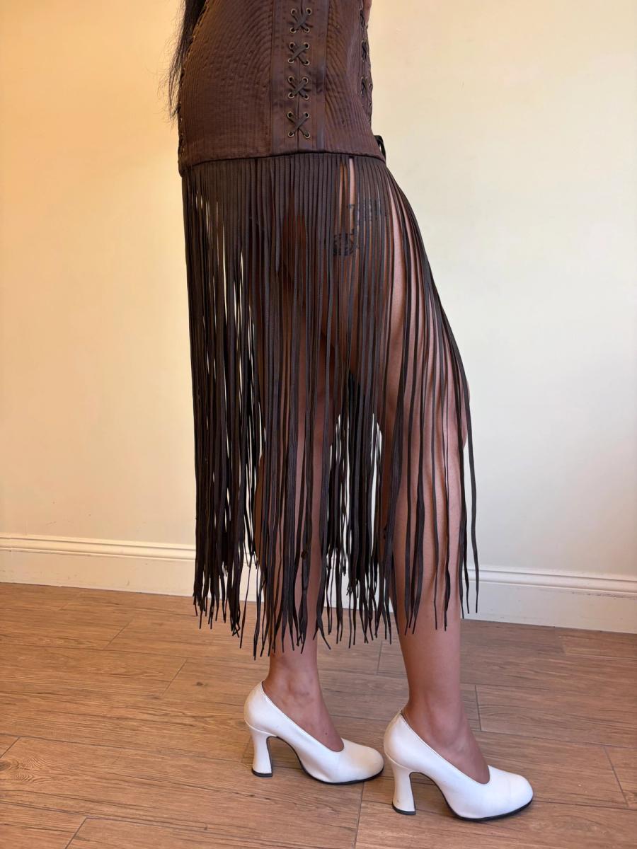 1990 Gaultier Satin Cone Bra Girdle Dres with Lacing Fringe Hem product image
