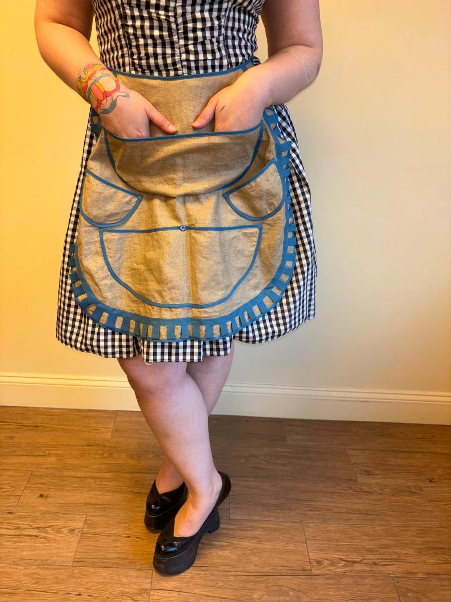 Victorian Natural Linen Apron with Blue Tape Detailing product image