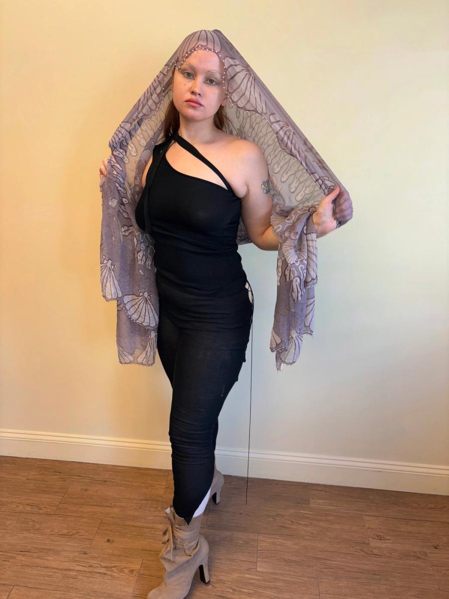 Zandra Rhodes Squiggle & Shell Printed Shawl with Pearl Beaded Edges product image