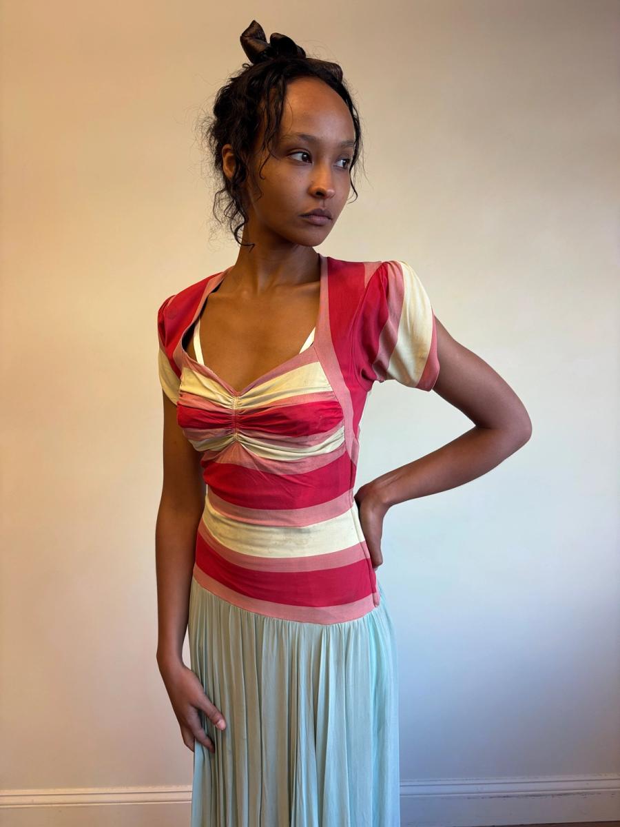 1940s Striped Knit Dress with Chiffon Skirt  product image