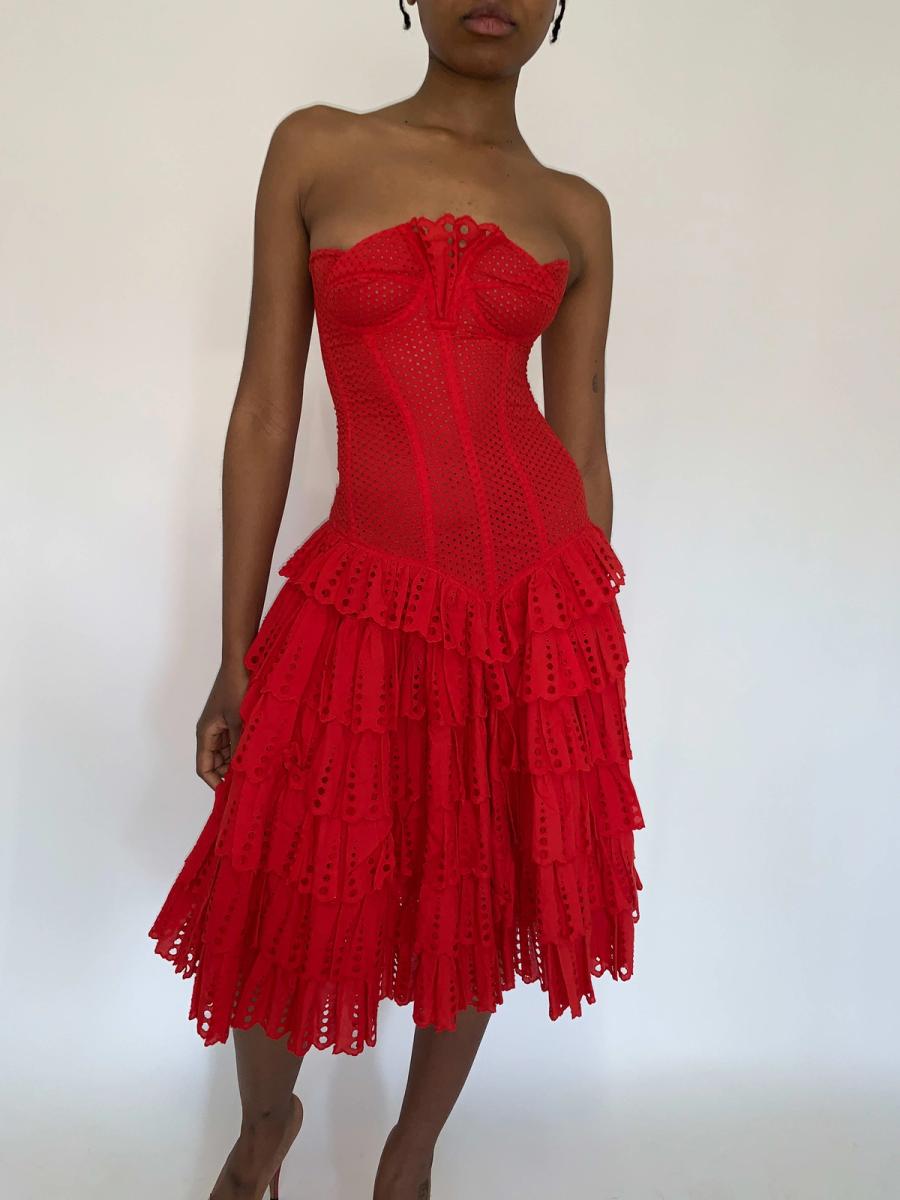 80s Chantal Thomass Red Eyelet Dress product image