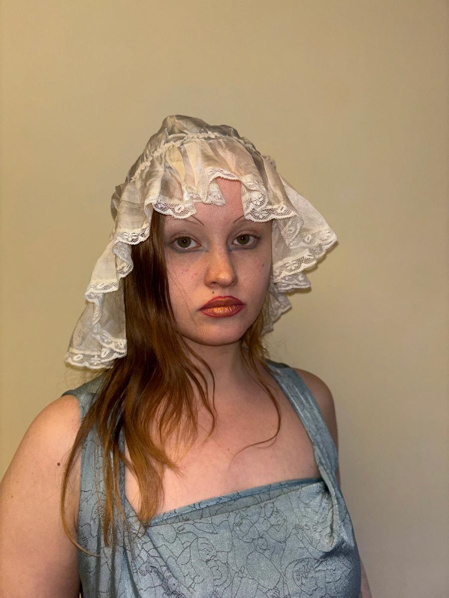 Antique Silk Sleeping Cap with Painted & Embroidered Rose  product image