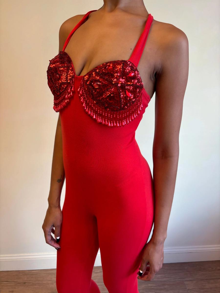 80s Red Beaded Fringe Leotard product image