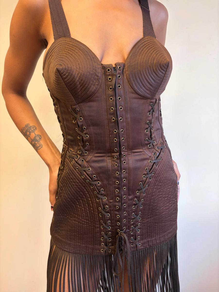 1990 Gaultier Satin Cone Bra Girdle Dres with Lacing Fringe Hem product image