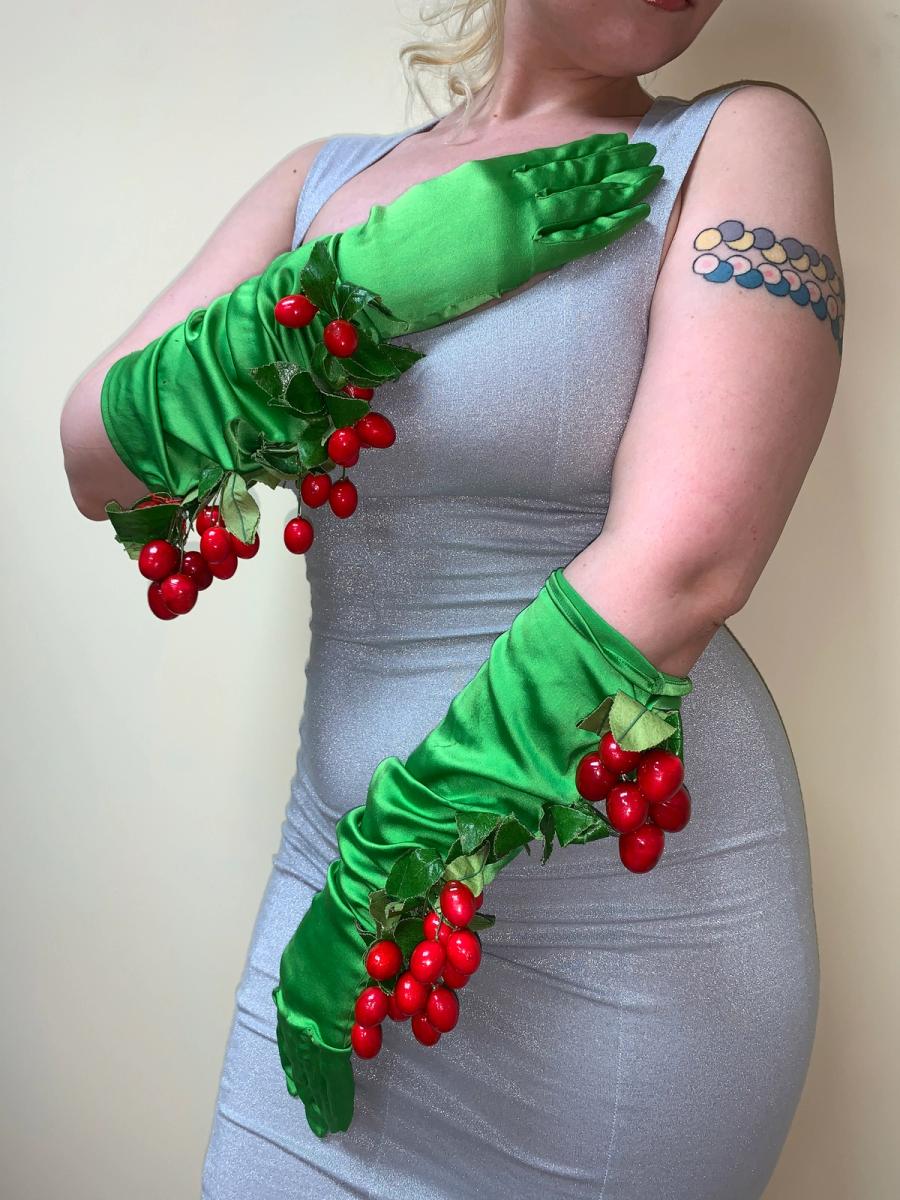 Cherry Embellished Silk Opera Gloves product image