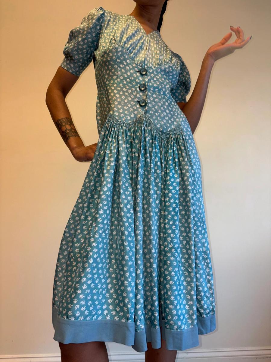 1940s Turquoise Floral Cold Rayon Dress product image