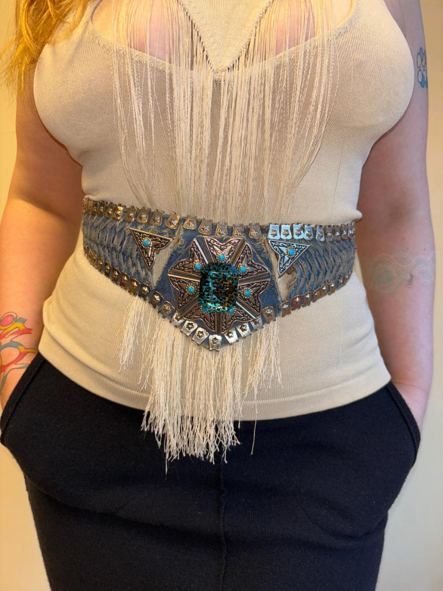 80s French Turquoise Demin and Leopard Belt product image
