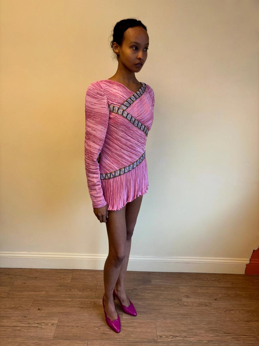80s Mary McFadden Hot Pink Pleated Dress product image