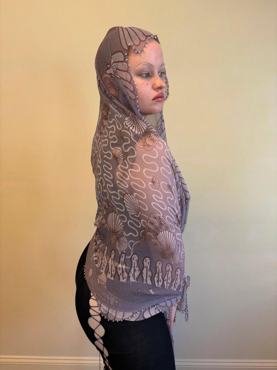 Zandra Rhodes Squiggle & Shell Printed Shawl with Pearl Beaded Edges product image