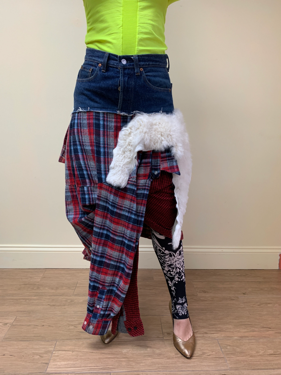 Tomoki Yurita Patchwork Skirt with Plaid Denim and Shearling product image