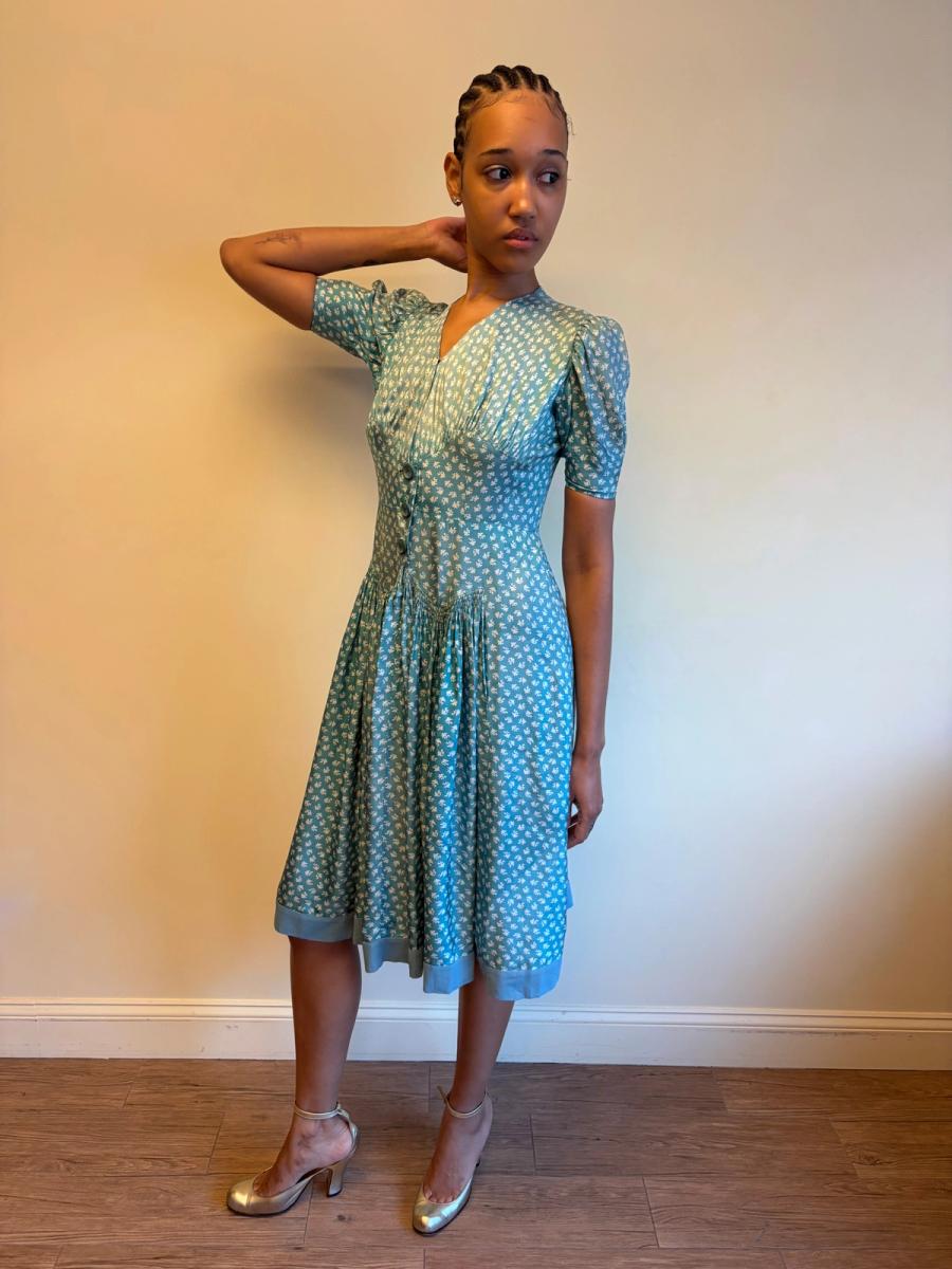 1940s Turquoise Floral Cold Rayon Dress product image