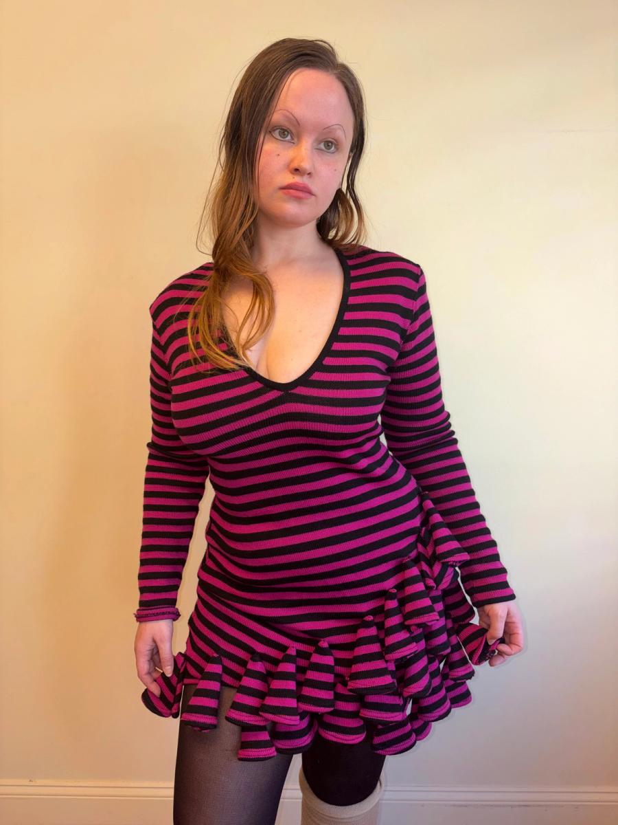 1980s Dorothée Bis Hot Pink Striped Dress With Dimensional Rosettes  product image