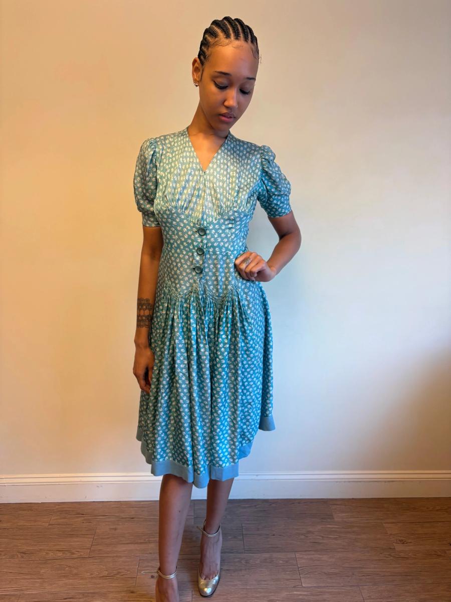 1940s Turquoise Floral Cold Rayon Dress product image