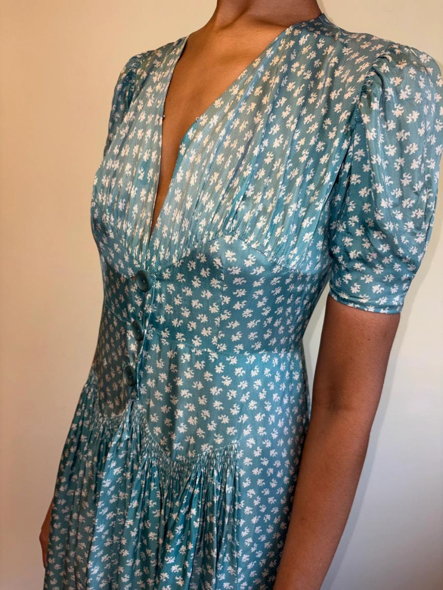 1940s Turquoise Floral Cold Rayon Dress product image
