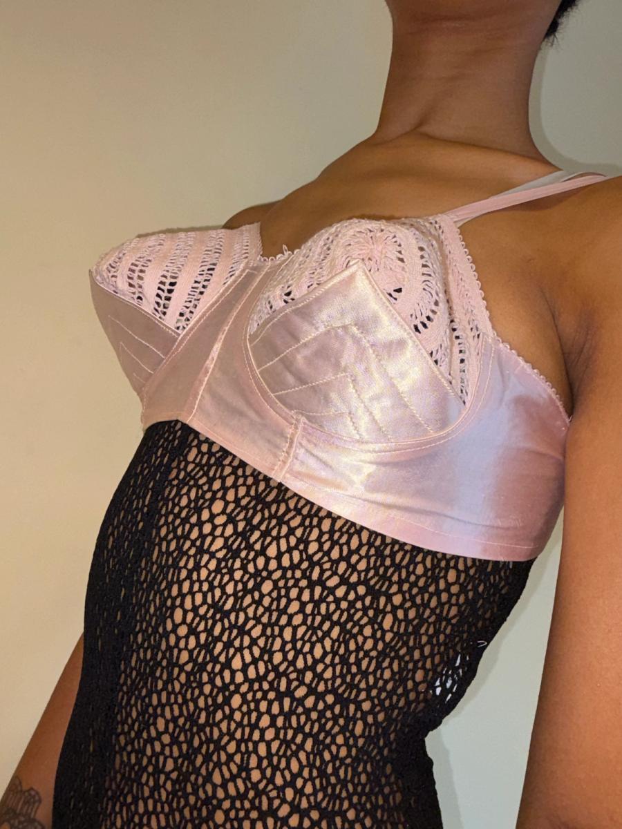 1940s-50s Pink Satin & Crocheted Bullet Bra  product image