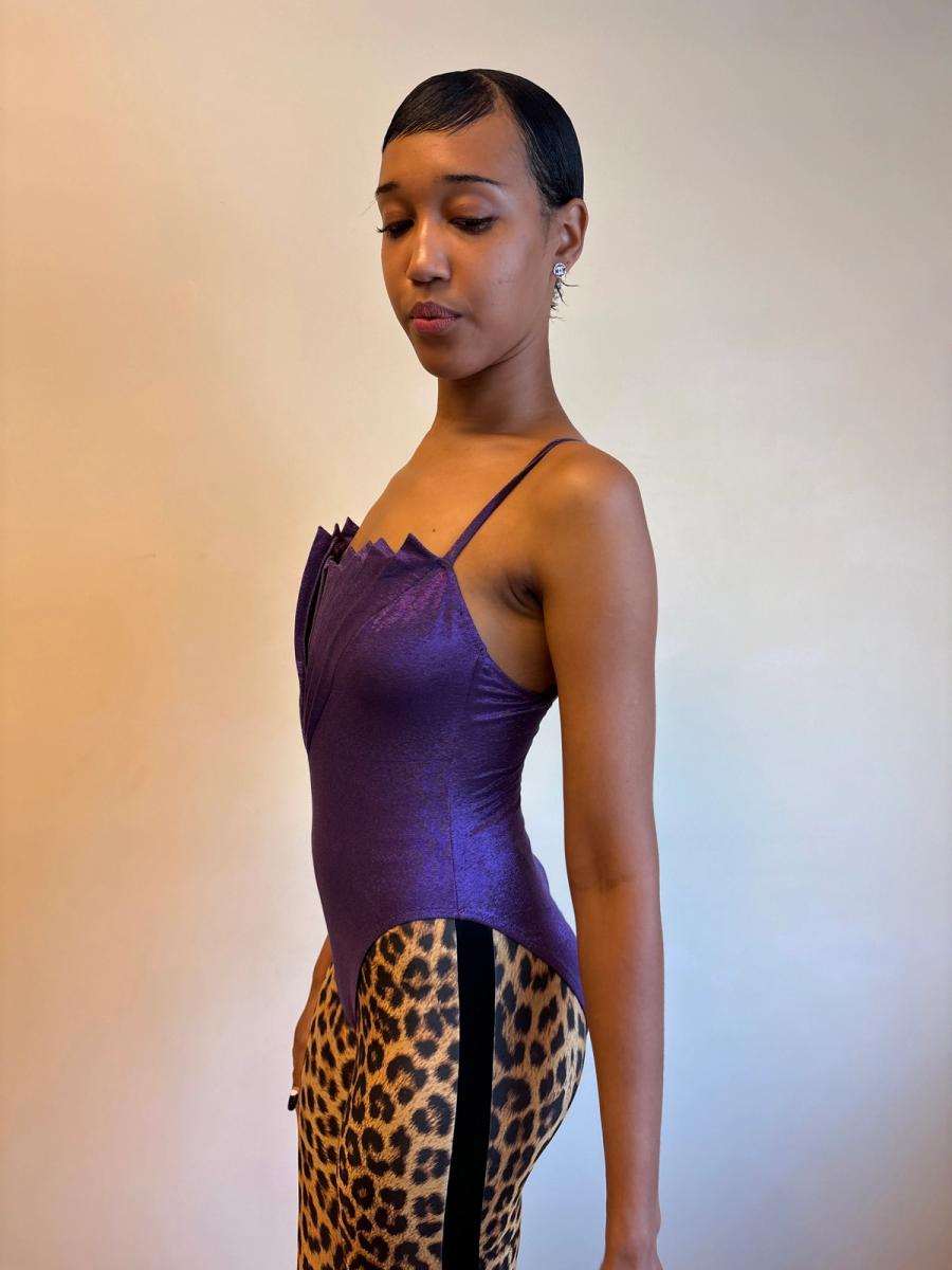 80s Nikos Apostolopoulos Purple Fan-pleated Bodysuit product image