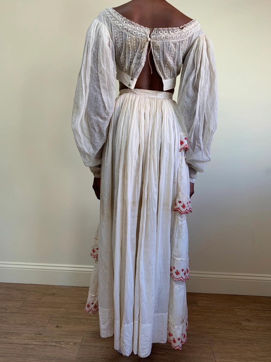 1880s Tiered Muslin Skirt with Embroidered Greek Key  product image