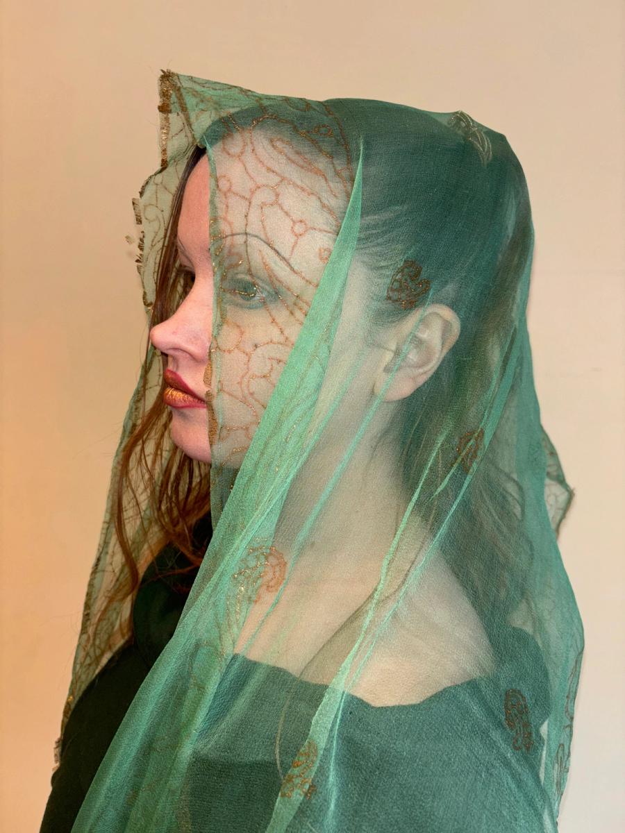 Vintage Indian Silk Scarf with Gold Block Print  product image