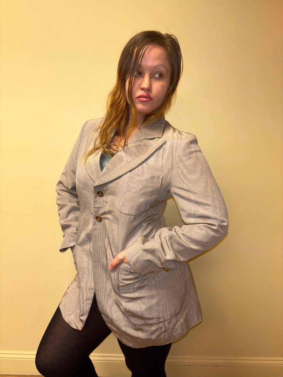 90s Westwood Lavender Moiré Jacket With Engraved Orb Buttons product image