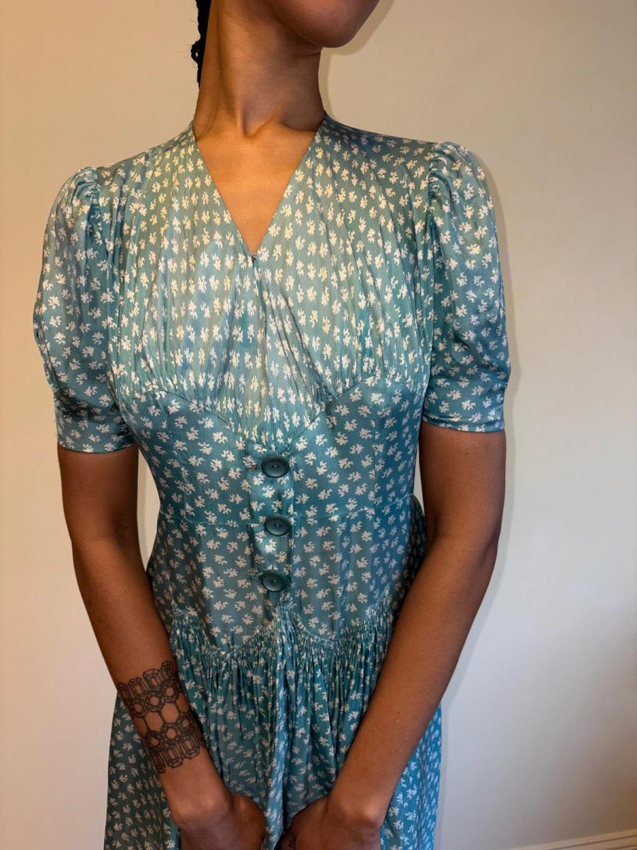 1940s Turquoise Floral Cold Rayon Dress product image
