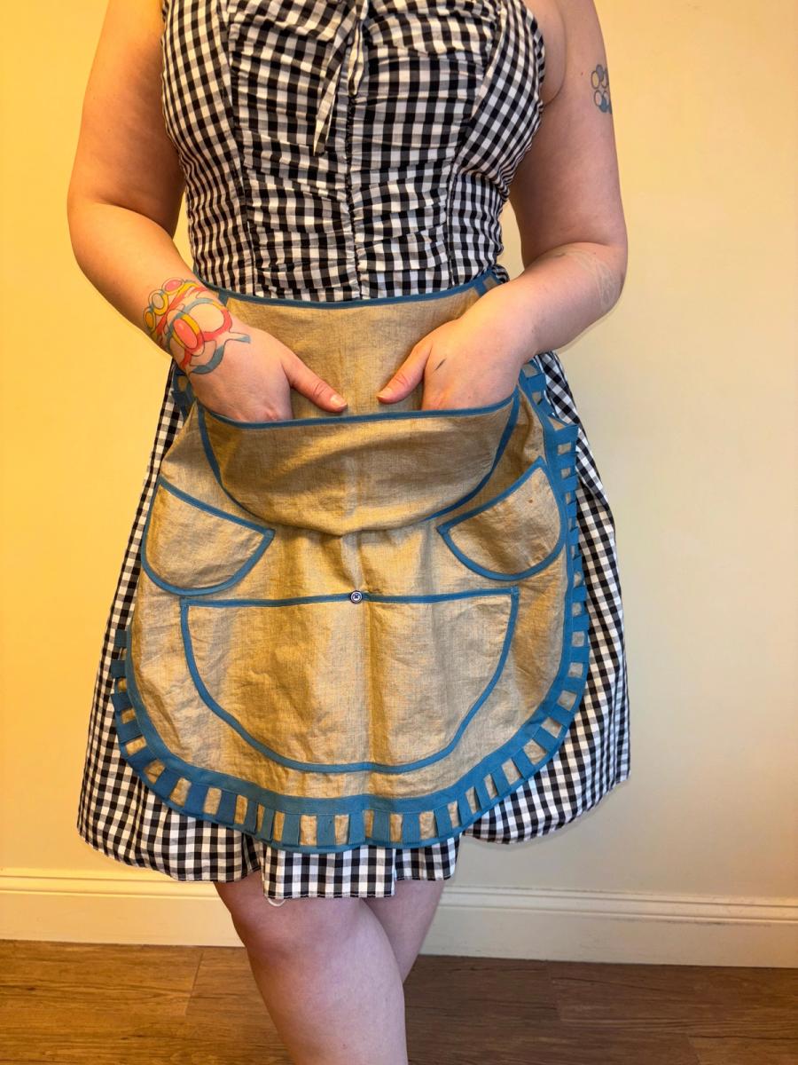 Victorian Natural Linen Apron with Blue Tape Detailing product image