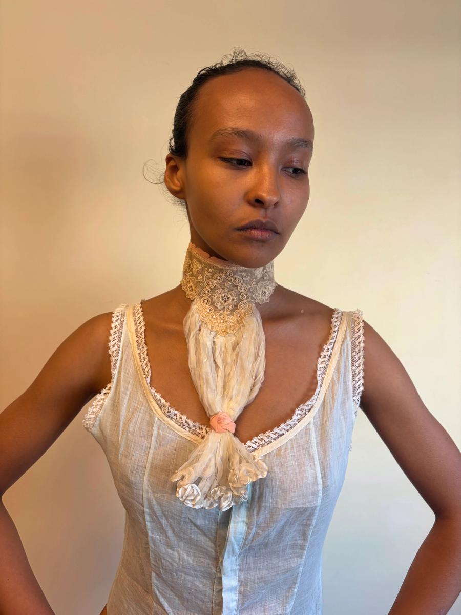 Antique Lace Collar With Beading and Silk Jabot product image