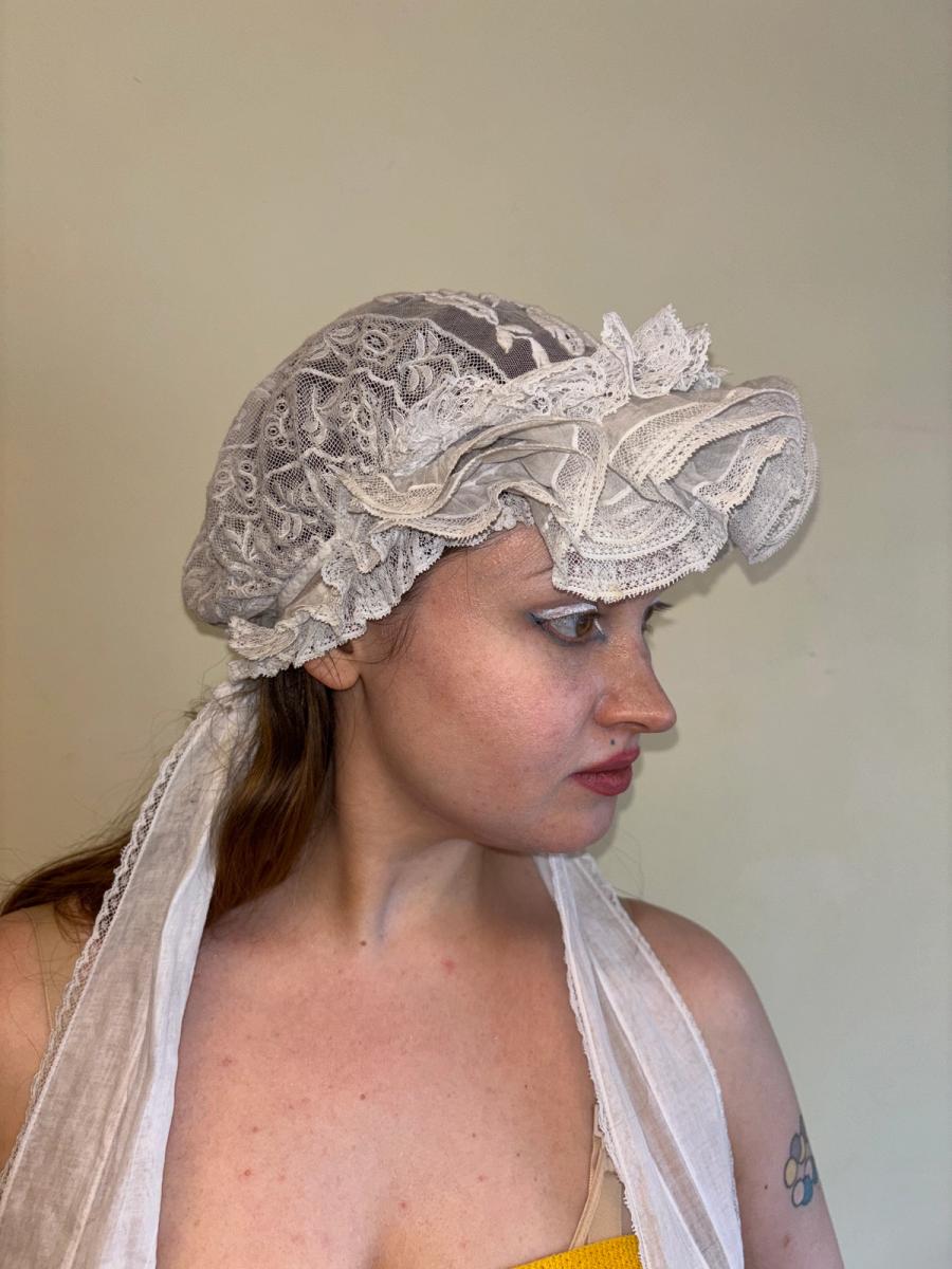 Antique French Embroidered Bonnet with Sashes product image