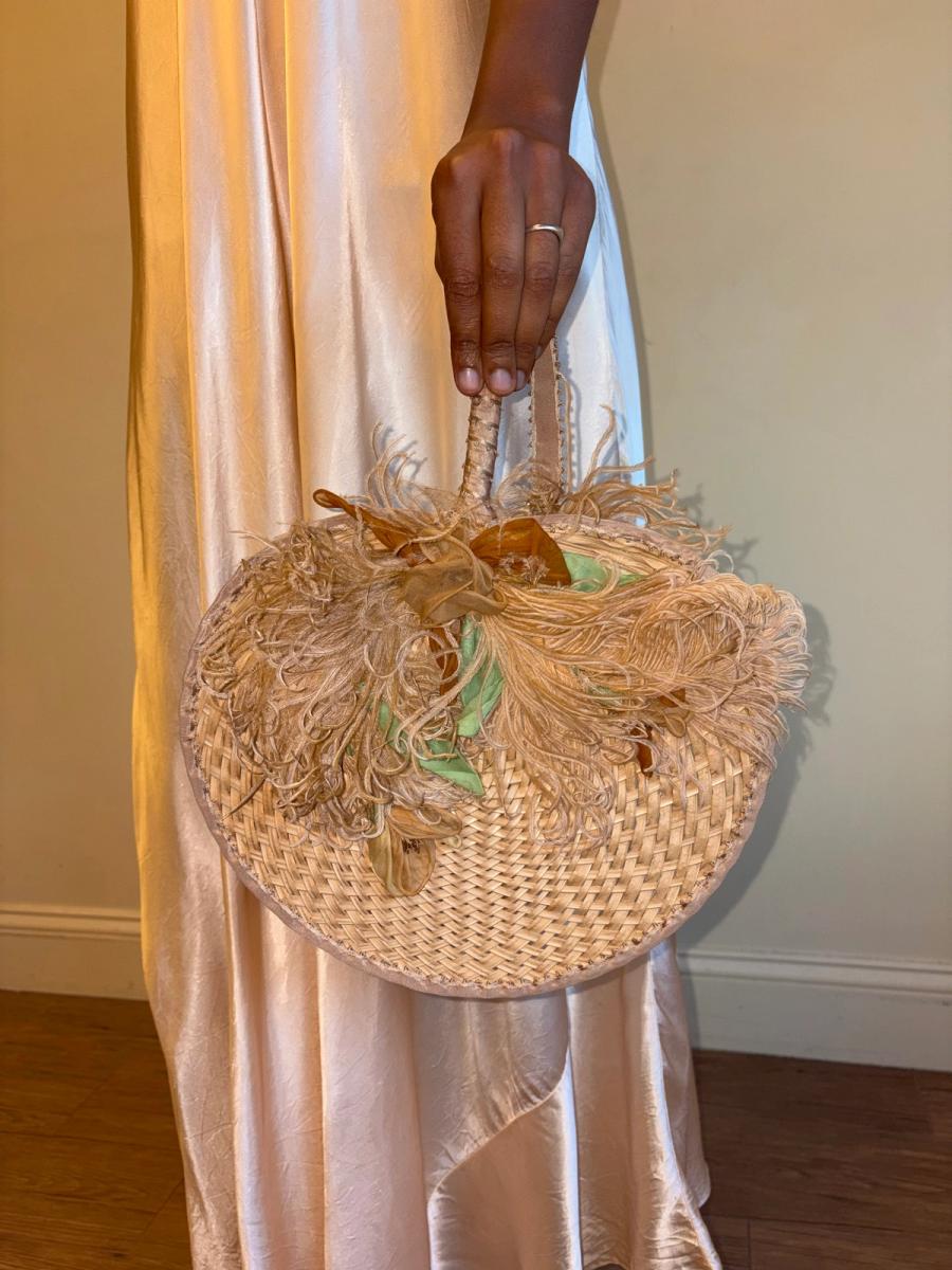Antique Woven Straw Fan With Exquisite Feather Adornment  product image
