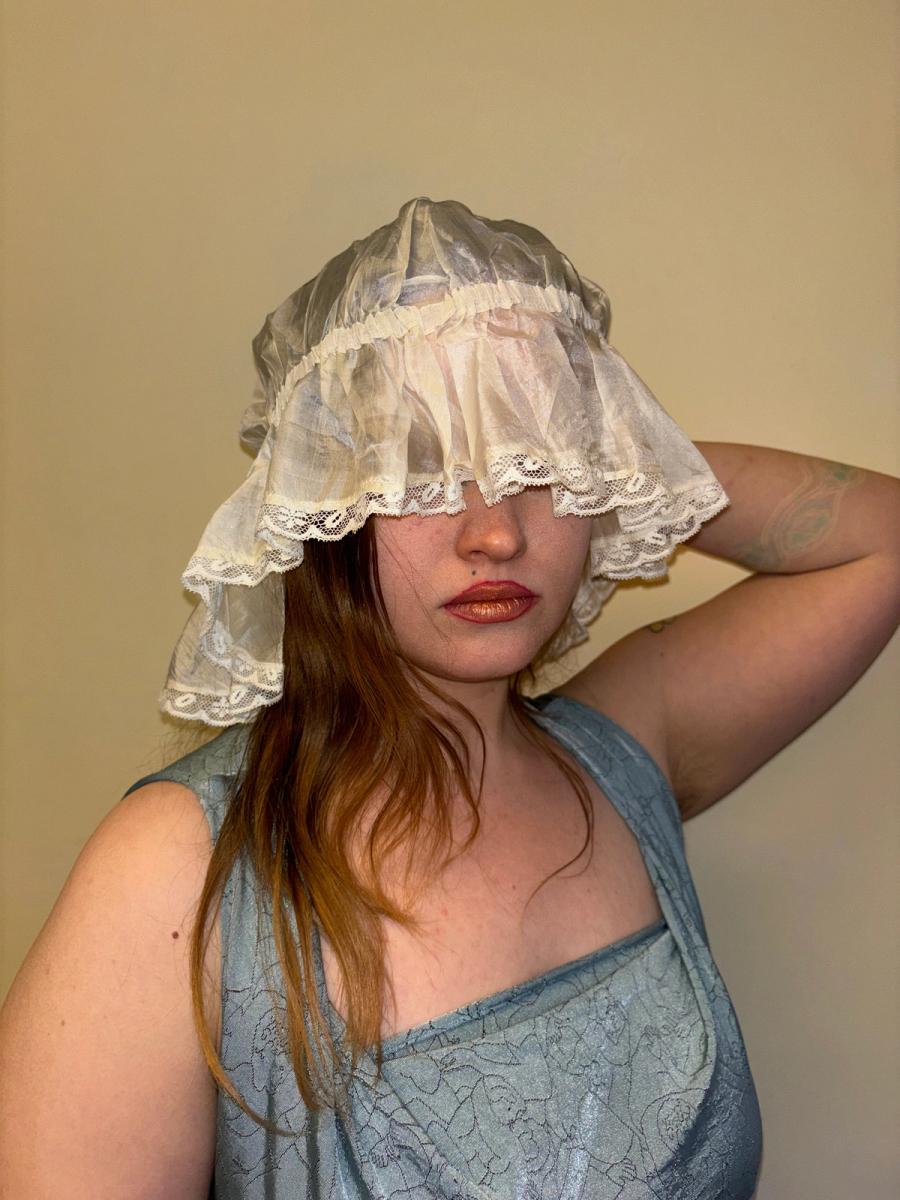 Antique Silk Sleeping Cap with Painted & Embroidered Rose  product image