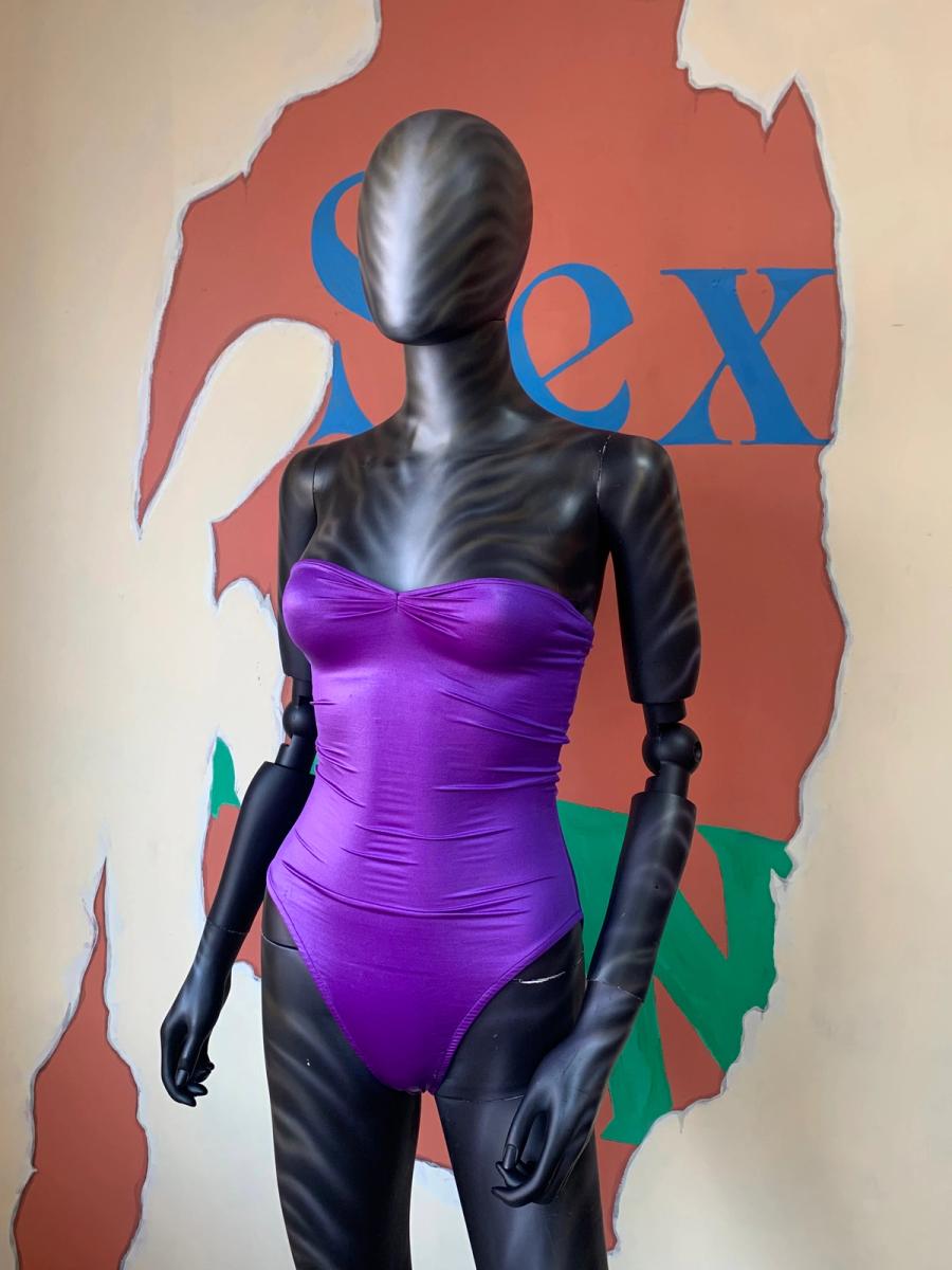 Deadstock 80s OMO Norma Kamali Glossy Purple Bodysuit product image