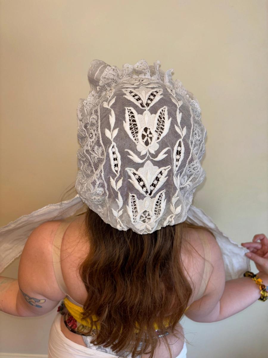 Antique French Embroidered Bonnet with Sashes product image