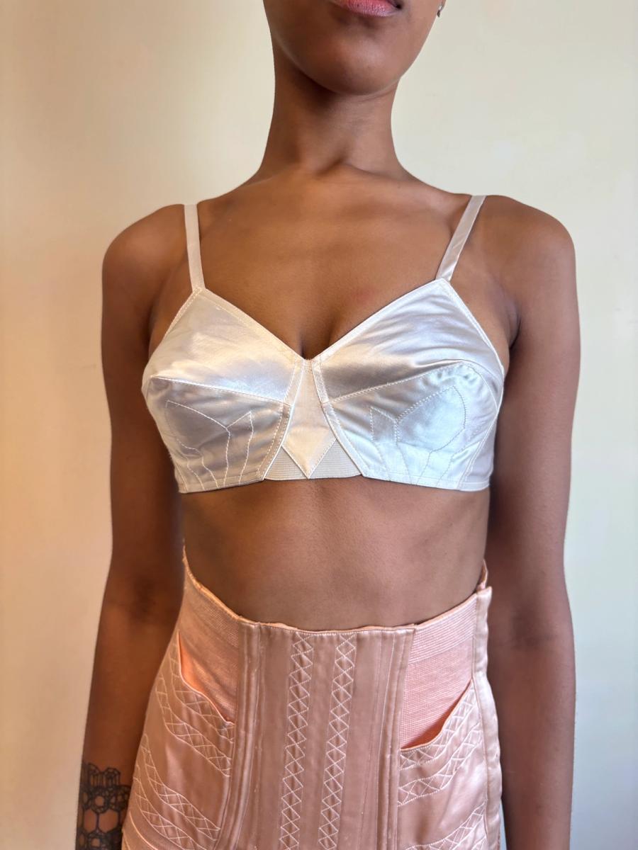 White Satin French Bullet Bra with Embroidered Front product image
