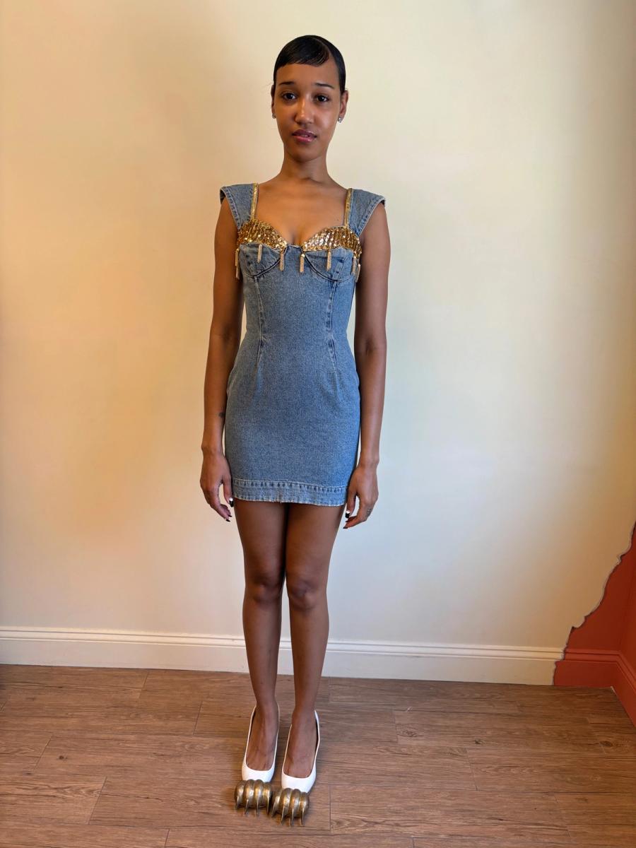 80s Katharine Hamnett Denim Gold Tassel Minidress product image