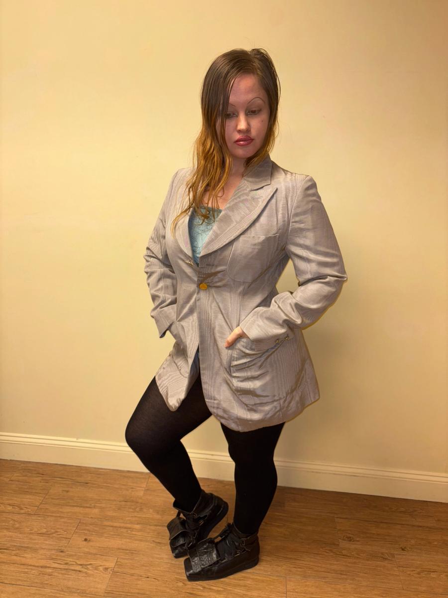 90s Westwood Lavender Moiré Jacket With Engraved Orb Buttons product image