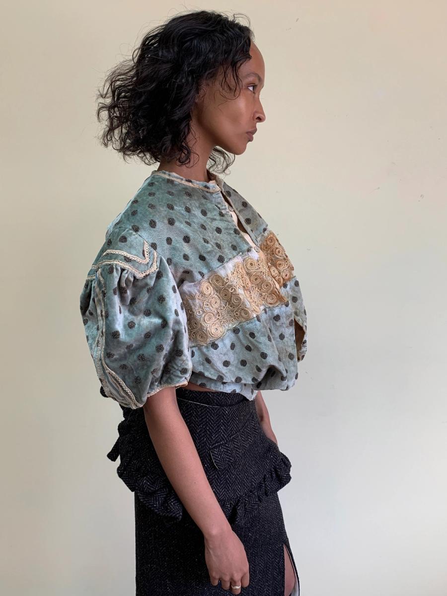 1890s Velveteen Teal Bodice with Balloon Sleeves product image