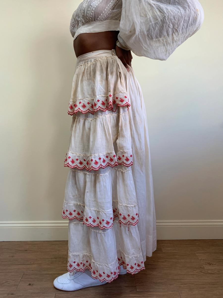 1880s Tiered Muslin Skirt with Embroidered Greek Key product image