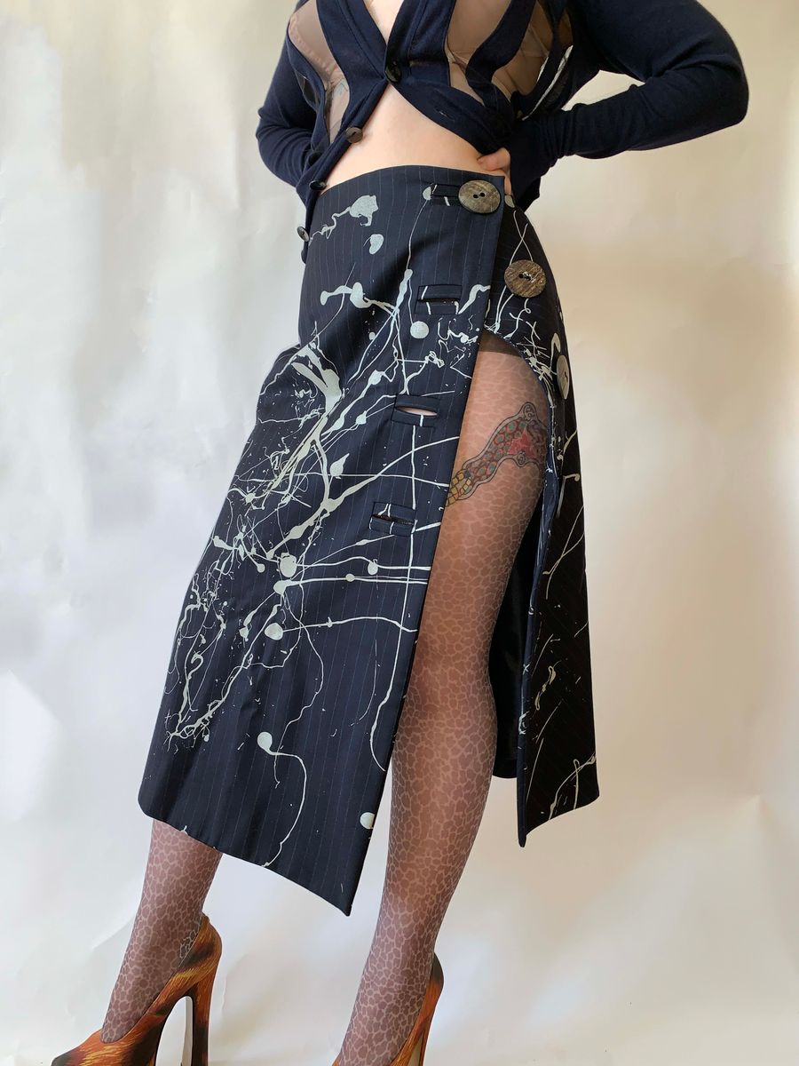 Vintage John Galliano Splatter Pinstripe Skirt w Giant Buttons product image