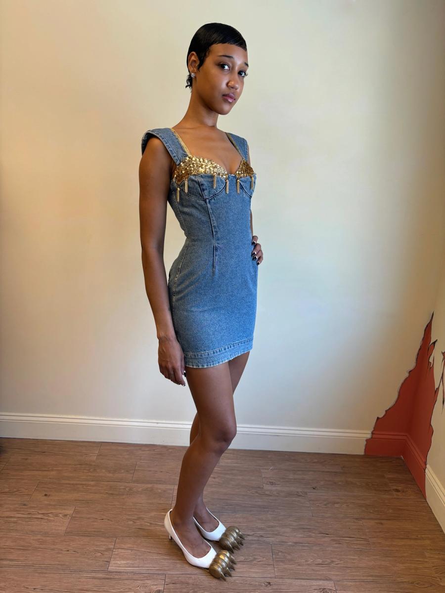 80s Katharine Hamnett Denim Gold Tassel Minidress product image