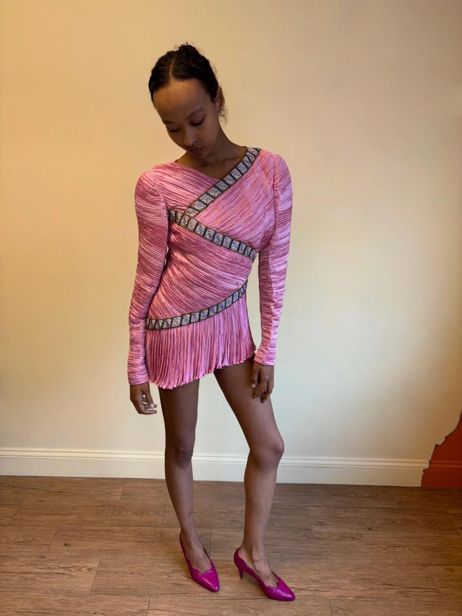80s Mary McFadden Hot Pink Pleated Dress product image
