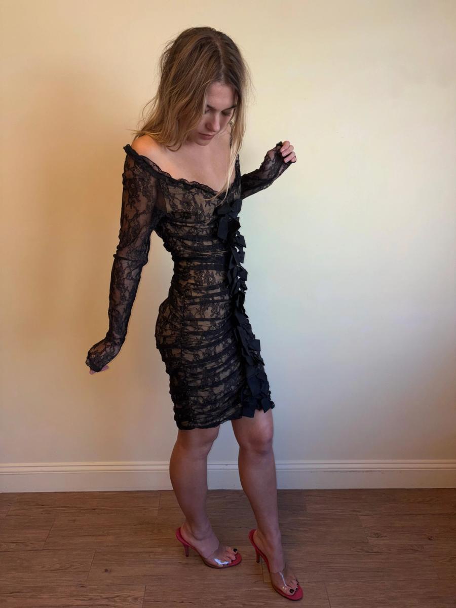 1980s Angelo Tarlazzi Lace Bow Nude Illusion Dress product image